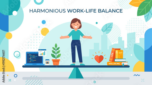 This flat design illustration depicts a person effectively balancing work and personal life elements, highlighting the importance of equilibrium for mental well-being