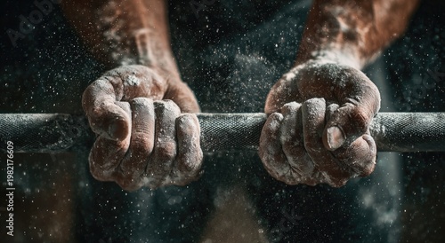 Close-up of a weightlifters chalk-covered hands gripping a barbell.