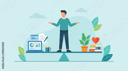 This flat design illustration depicts a person effectively balancing work and personal life elements, highlighting the importance of equilibrium for mental well-being