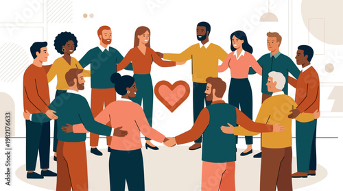 A flat design illustration showcasing a diverse group of people forming a supportive circle, emphasizing the positive impact of community and social connection on mental health.