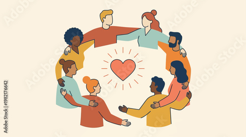 A flat design illustration showcasing a diverse group of people forming a supportive circle, emphasizing the positive impact of community and social connection on mental health.