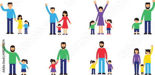 Happy family characters vector set with parents and children in different poses, diverse cartoon people illustrations, parenting and togetherness concept isolated on white