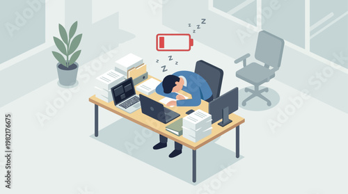 This flat design illustration portrays a person experiencing burnout, depicted as mental exhaustion from overwhelming work or stress, needing rest and recovery.