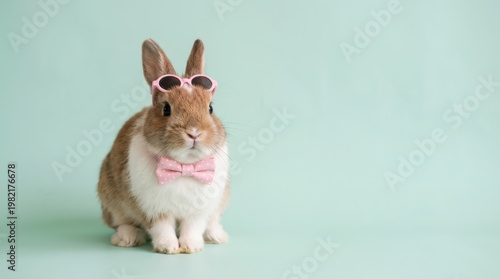 Cute Rabbit in Sunglasses and Bow Tie Against Mint Green Background