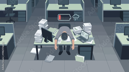 This flat design illustration portrays a person experiencing burnout, depicted as mental exhaustion from overwhelming work or stress, needing rest and recovery.