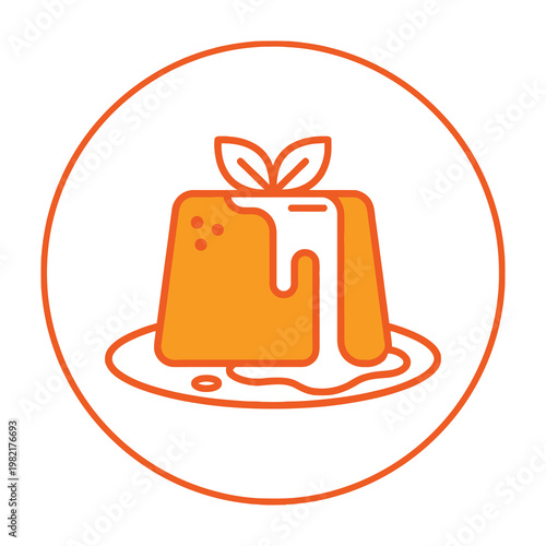 Pudding dessert icon with caramel sauce and mint leaf garnish in a simple orange circle style