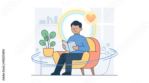 This flat design illustration shows a person actively engaging in various self-care practices, emphasizing self-love and nurturing mental well-being.