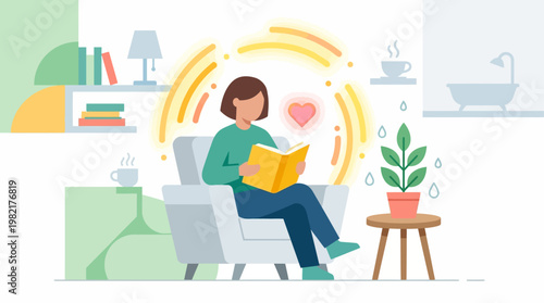This flat design illustration shows a person actively engaging in various self-care practices, emphasizing self-love and nurturing mental well-being.