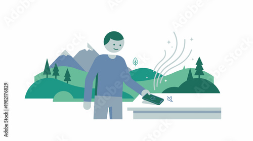 A flat design illustration showing a person turning away from digital screens towards nature, representing a digital detox for improved mental health.