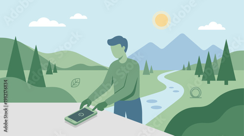 A flat design illustration showing a person turning away from digital screens towards nature, representing a digital detox for improved mental health.