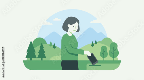A flat design illustration showing a person turning away from digital screens towards nature, representing a digital detox for improved mental health.