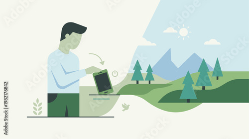 A flat design illustration showing a person turning away from digital screens towards nature, representing a digital detox for improved mental health.