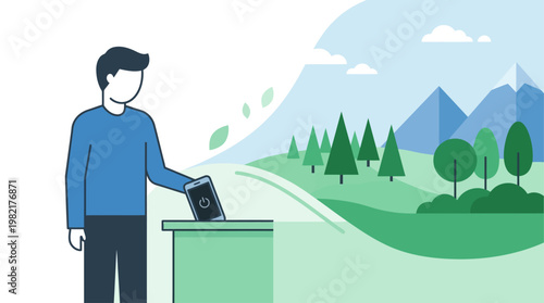 A flat design illustration showing a person turning away from digital screens towards nature, representing a digital detox for improved mental health.
