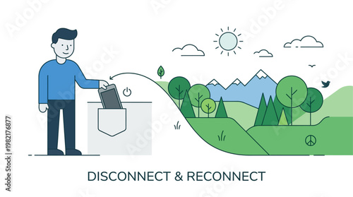 A flat design illustration showing a person turning away from digital screens towards nature, representing a digital detox for improved mental health.