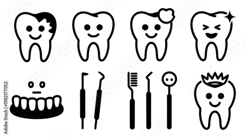 Collection of cute smiling tooth icons and dental hygiene instruments for pediatric dentistry branding