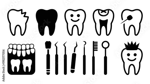Set of black dental icons featuring teeth health conditions and professional dental care tools for clinics