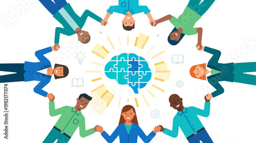 This flat design illustration features a diverse group united around a brain icon, symbolizing a campaign for mental health awareness and education.