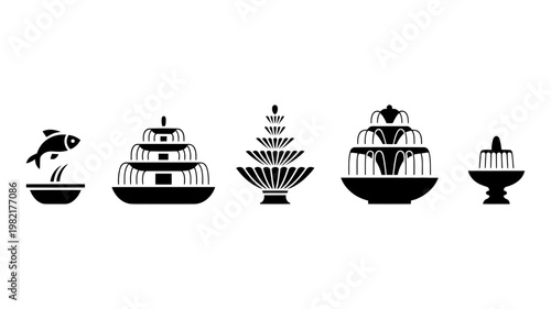 Multiple styles of water fountains with fish and tiered basins in professional black vector icon format