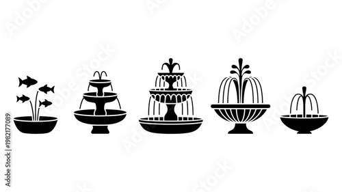 Set of classic garden water fountains with fish elements in clean black silhouette vector graphic format