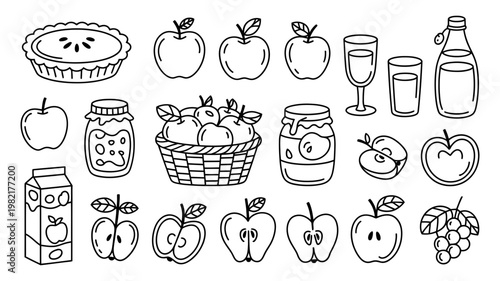 Set of hand drawn apple fruit doodles and food products including pie jam juice and basket in black line art