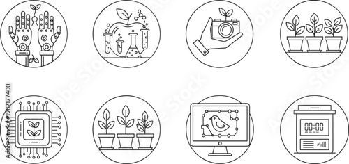 Smart farming and plant care line icon set with digital agriculture technology, monitoring systems, eco gardening symbols, minimal outline vector collection