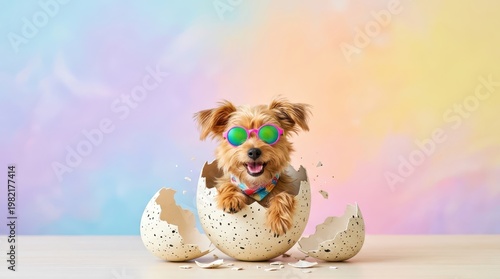 Adorable Puppy Wearing Sunglasses Emerging from Colorful Egg Shell