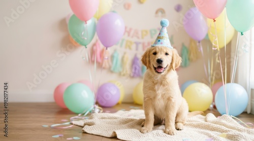Happy Golden Retriever Puppy Celebrating Birthday with Balloons