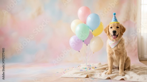 Happy Golden Retriever Puppy Celebrating Birthday with Balloons