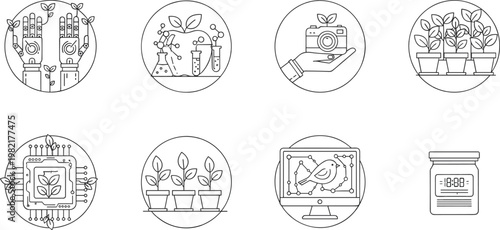 Smart agriculture and gardening line icons set with plant monitoring technology, greenhouse automation, eco farming symbols, modern outline vector collection