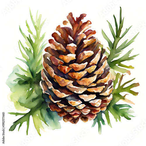 Pine Cone Watercolor Illustration Isolated on White