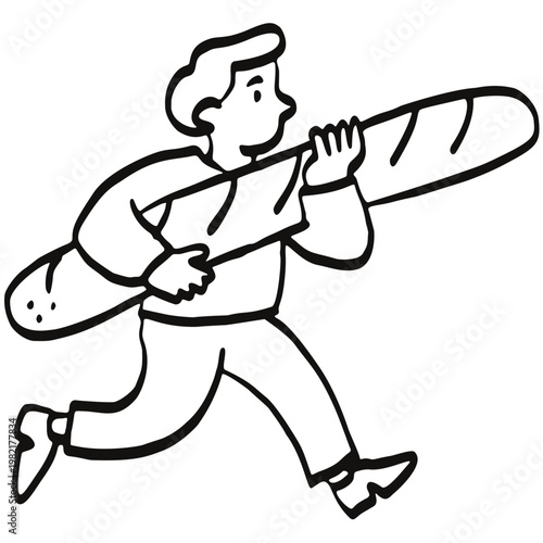 Minimalist Woman Carrying Baguette Bread Illustration, Line Art Food Concept