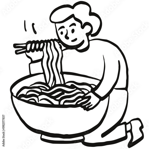 Minimalist Woman Eating Noodles Illustration, Black and White Line Art, Food Concept