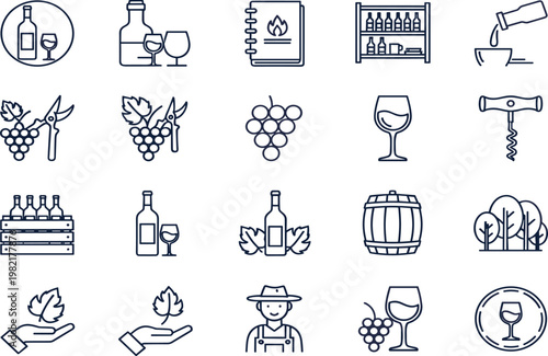 Wine Production Line Icon Set with Vineyard Grapes Bottle Barrel Glass Corkscrew Winery Elements for Alcohol Industry and Beverage Design
