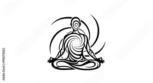 Meditator sits in a lotus position with a stylized swirling energy pattern radiating from the center of the body to represent inner peace, mindfulness, mental clarity, and spiritual harmony.