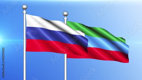Russia and Dagestan National Flag Waving on Pole Loop
