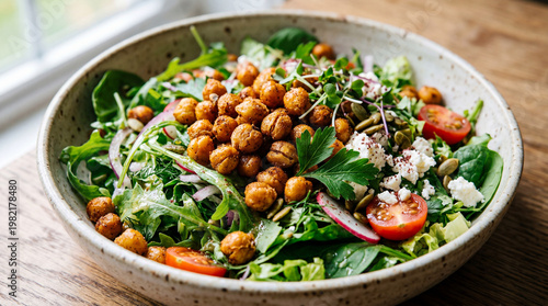 Savory Salad: A close-up shot of a healthy and vibrant salad bowl, overflowing with fresh greens, roasted chickpeas, and other delicious ingredients on a rustic wooden table.