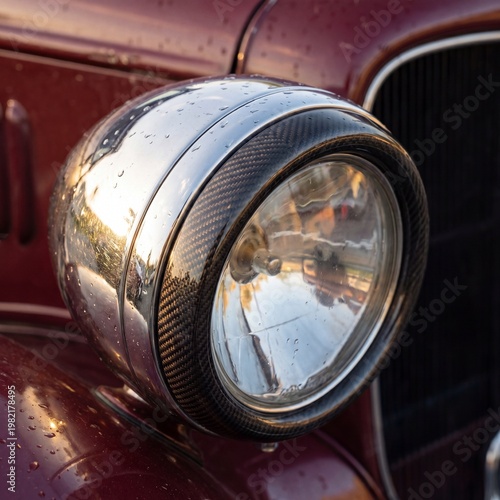 Vintage Car Headlight: The close-up captures a meticulously crafted, chrome-plated headlight of a classic car, embodying the timeless elegance of automotive design. The lens gleams. 