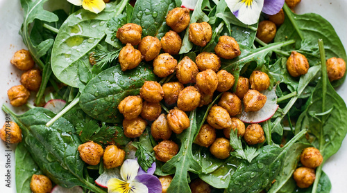 Crispy Chickpea Salad: An overhead shot showcases a vibrant and inviting salad with crispy chickpeas, fresh arugula, spinach, and edible flowers, an appetizing vegetarian meal.
