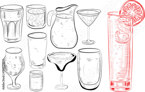 Diverse collection of hand drawn beverage glasses and a pitcher depicted in a detailed black and red ink sketch style