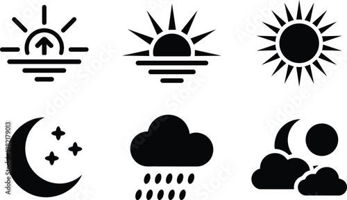 Collection of weather icons including sunrise sunset and nighttime symbols with clouds and rain isolated on transparent background