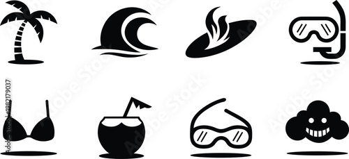 Collection of black and white summer icons representing vacation activities and beach essentials on a transparent background