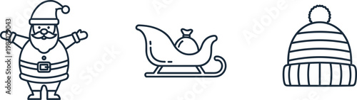 Christmas Winter Icon Set Featuring Santa Claus, Sleigh, and Knit Hat for Holiday Season and Festive Design Use