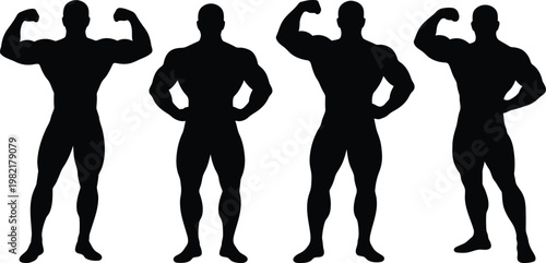 Group of four muscular male bodybuilder silhouettes flexing muscles in athletic poses against a clean white background symbolizing strength and fitness