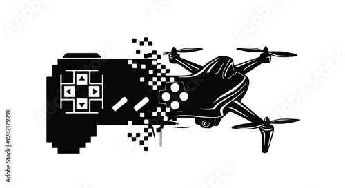 Drone flight is represented by a digital controller transforming into a mechanical quadcopter flying machine.