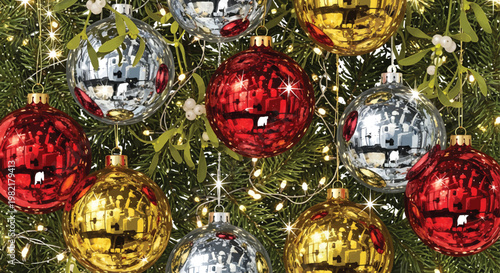 Christmas ornaments in red, gold, and silver hang from the branches of a decorated evergreen tree.