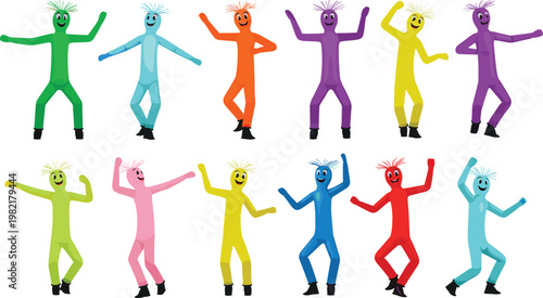 Colorful Dancing Character Set in Various Poses Featuring Green, Pink, Yellow, Blue, and More for Fun and Entertainment