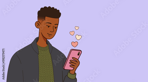 Illustration of an African American boy looking at his cell phone while hearts float out of it
