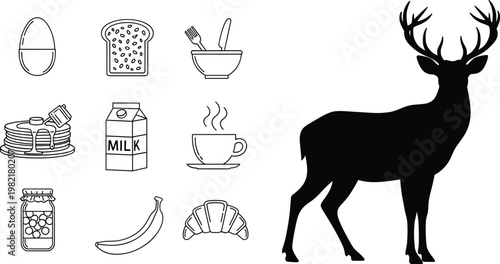 Breakfast Food Icons and Deer Silhouette Vector Set Egg Bread Milk Coffee Banana Croissant and Wild Animal Illustration Collection