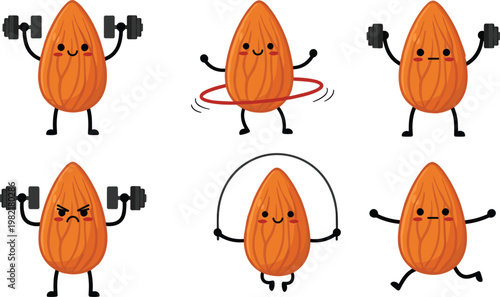 Funny Almond Characters Exercising with Dumbbells, Hula Hoops, and Jump Ropes for Healthy Lifestyle and Fitness Concepts