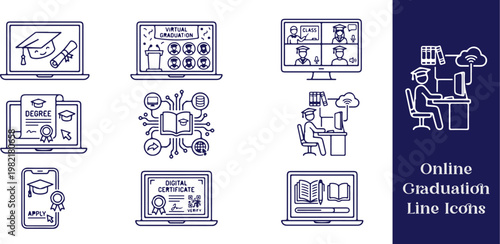 Online Graduation Line Icons – Virtual Class of 2026
